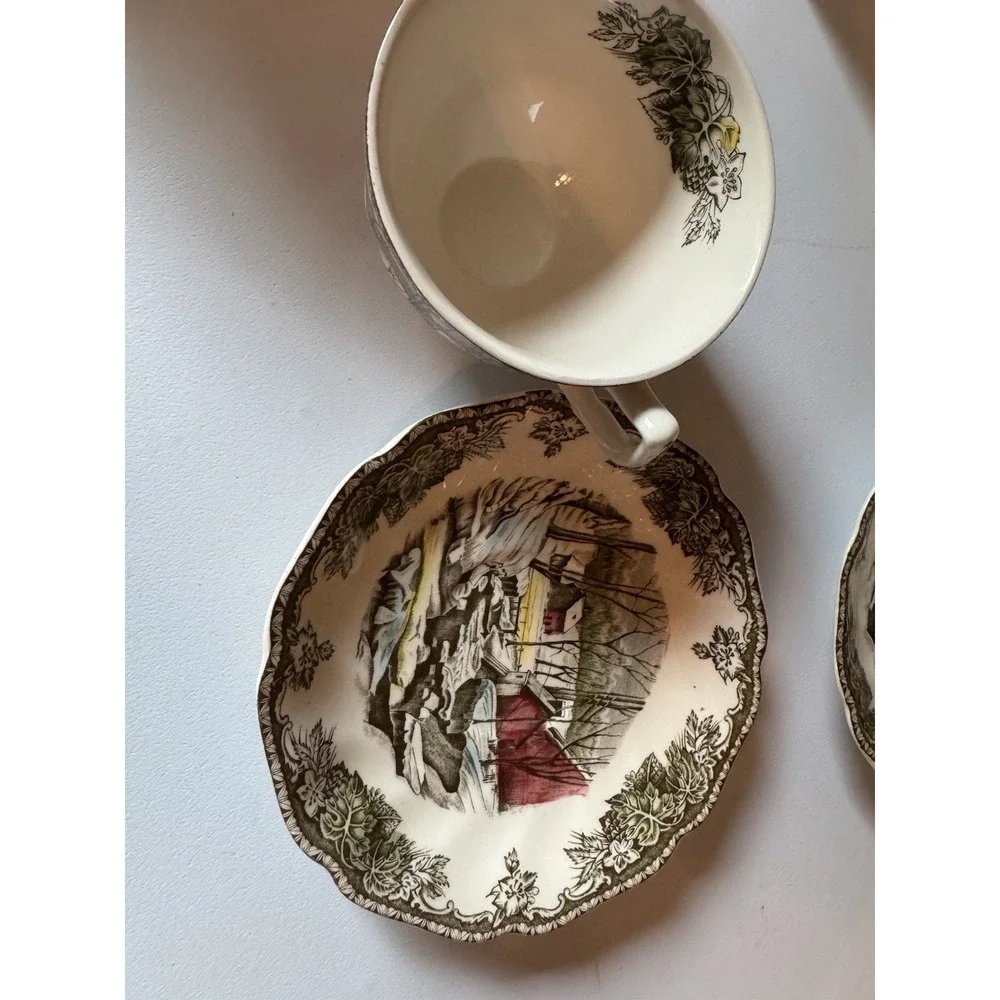 Vintage Set of 2 Johnson Bros Friendly Village Teacup Saucer Ice House England